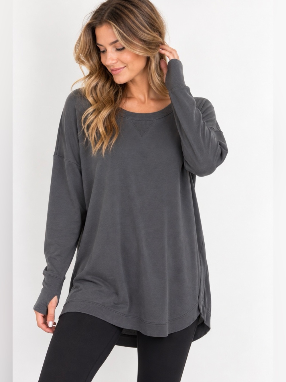 248 Athleta XS Gray Modal Oversized Tunic Sweatshirt Thumbholes Long Sleeve